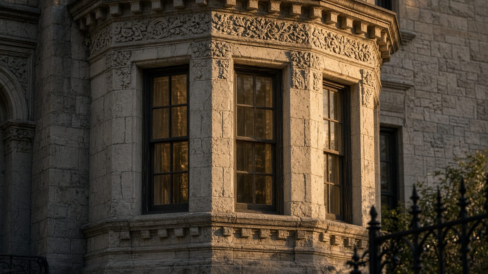 Ornate terra-cotta cornice and bay windows of a historic Chicago greystone facade in warm afternoon light