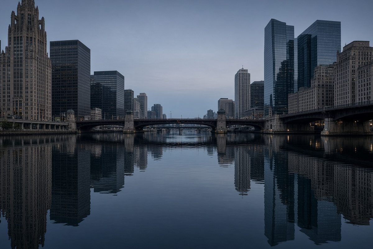 Chicago River and its bridges at dawn, with mist over the water and quiet office towers along Wacker Drive